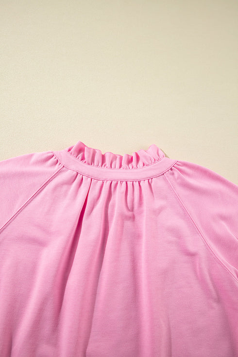 Half Zip Puff Sleeve Top and Ruffled Shorts Set